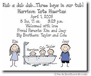 Pen At Hand Stick Figures Birth Announcements - 3 or 4 in a tub (color)